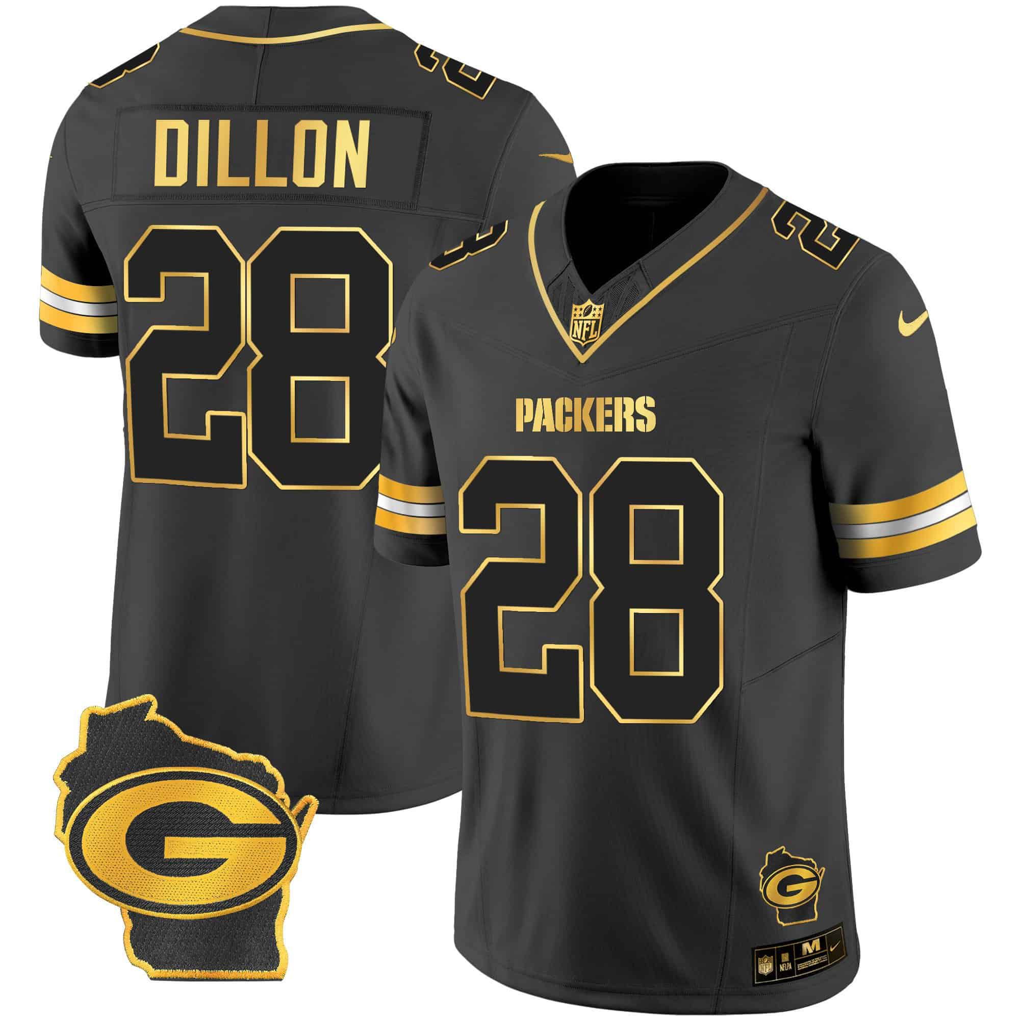 Men Green Bay Packers 28 Dillon Black Gold 2024 Nike Home Patch Vapor NFL Jersey style 2